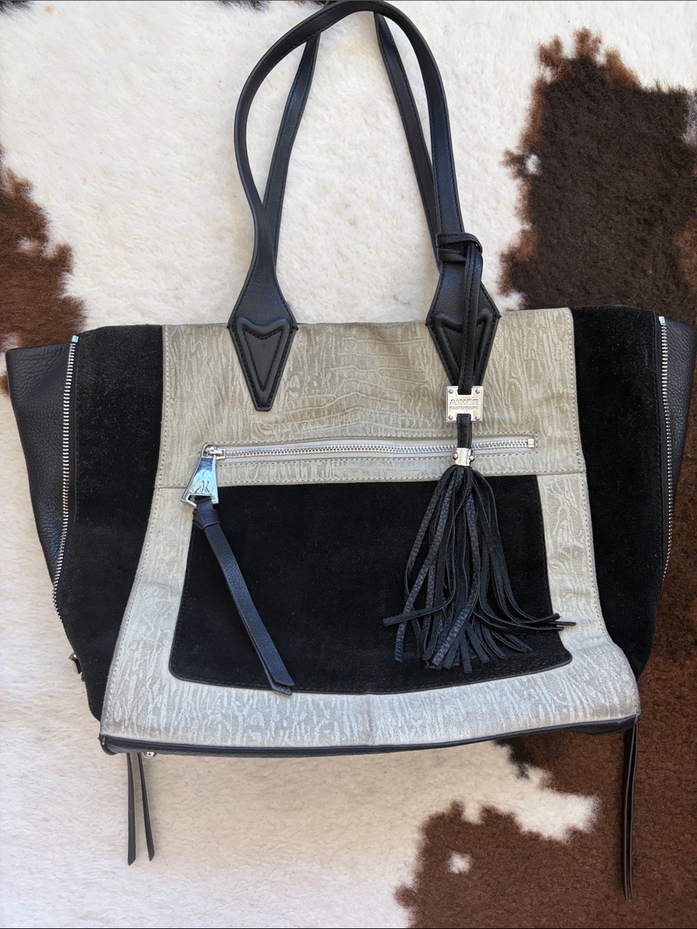Aimee Kestenberg Black and Gray Suede & Leather Tote with Tassel